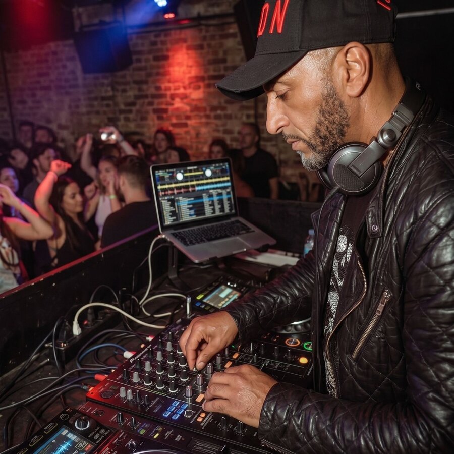DJ Billy on the decks, headphones round his neck, the crowd behind him
